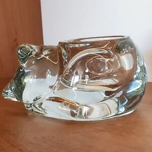 Vtg. Indiana Glass, Crystal Cuddled Up Cat Votive Candle Holder, USA, 4.75", EUC